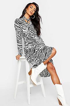 Boohoo Tie Neck Tiger Print Midi Dress