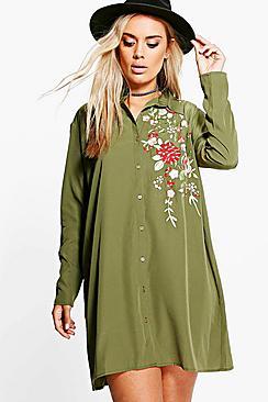 Boohoo Plus Carey Embroidered Shirt Dress