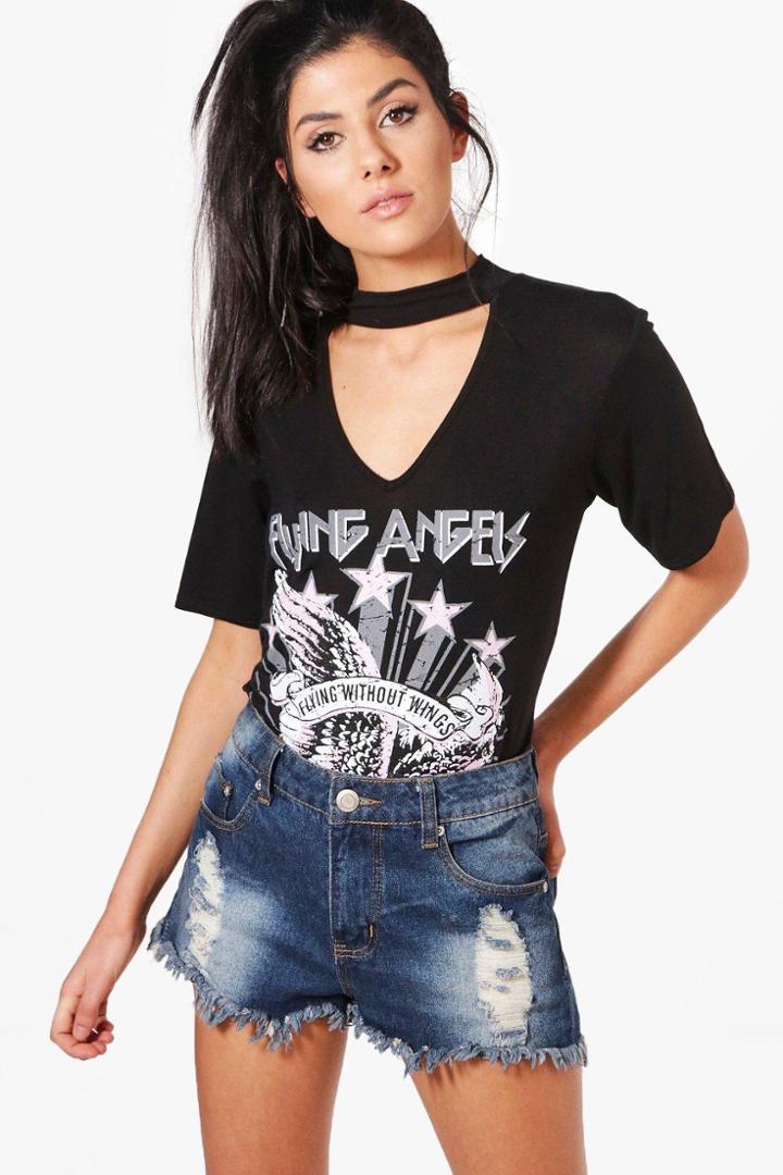 Boohoo Rose Choker Neck Oversized Band Tee Black