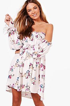 Boohoo Selena Off Shoulder Balloon Sleeve Swing Dress