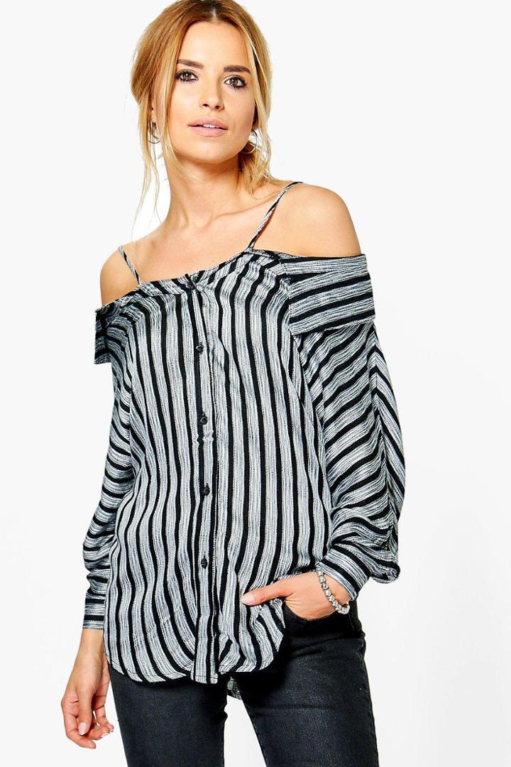 Boohoo Emily Striped Open Shoulder Shirt Black