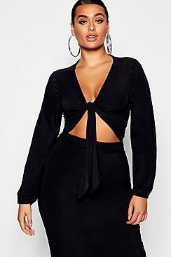 Boohoo Plus Slinky Tie Front Top
