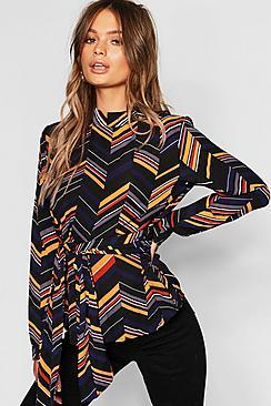 Boohoo Geometric Tie Front Woven Top
