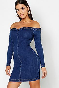 Boohoo Bodycon Off The Shoulder Stretch Denim Dress