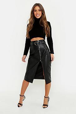 Boohoo Petite Pu Belted Midi Skirt