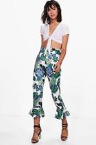 Boohoo Gabriella Large Palm Ruffle Hem Trousers