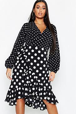 Boohoo Plus Polka Dot Ruffle Wrap Midi Dress