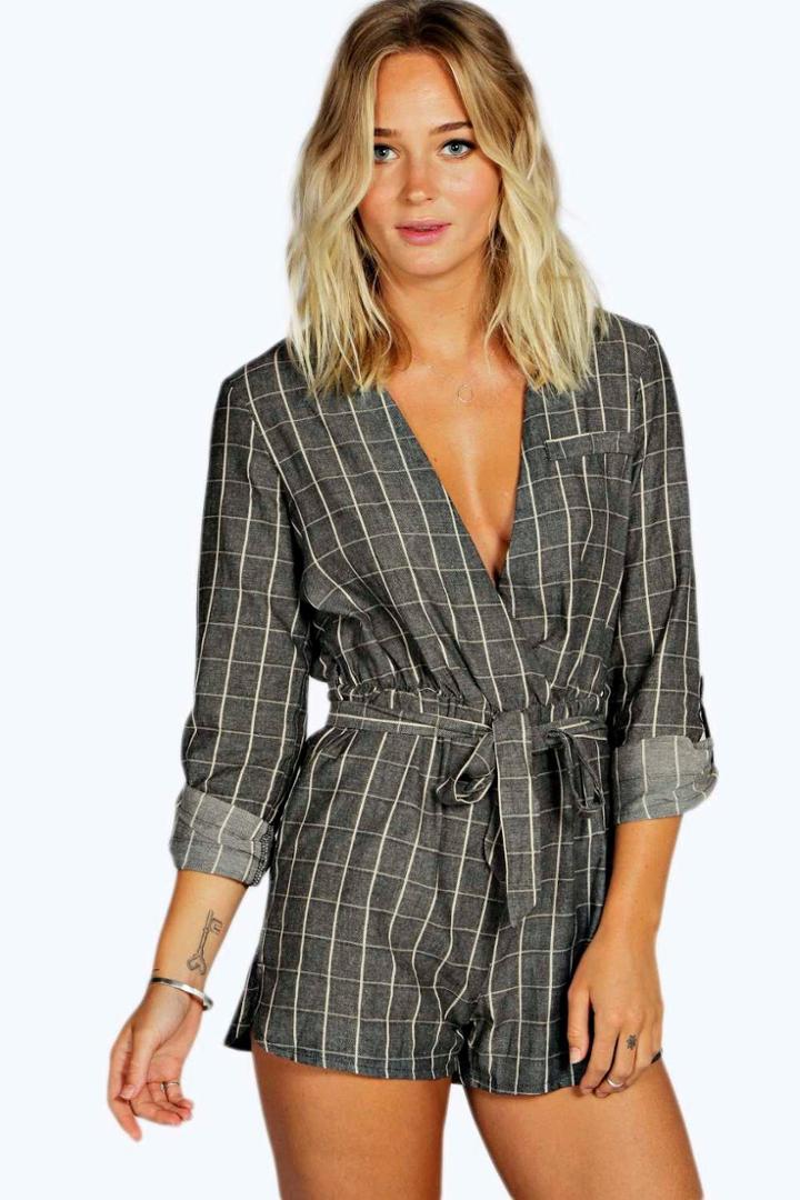 Boohoo Holly Textured Check Draped Playsuit Black