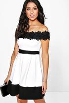 Boohoo Gia Lace Off The Shoulder Contrast Skater Dress