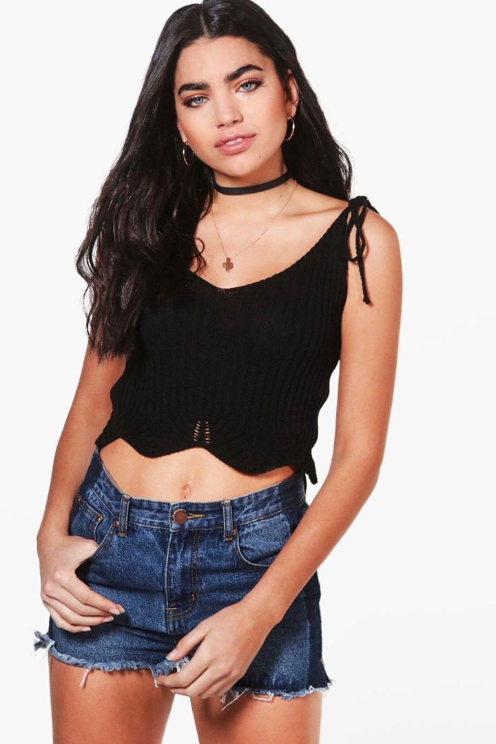 Boohoo Rebecca Lace Up Shoulder Crop Knit Top Black