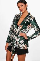 Boohoo Olivia Printed Velvet Belted Blazer