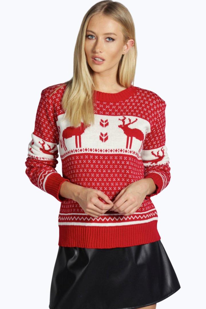 Boohoo Simone Snowflake And Reindeer Knitted Jumper Red
