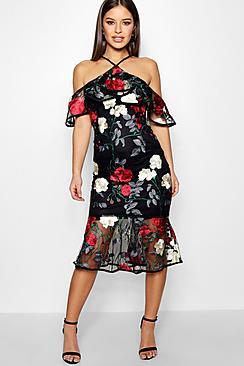 Boohoo Petite Alice Embroidered Drop Waist Skater Dress