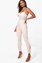 Boohoo Camille Ruffle Side Slim Fit Crepe Trousers Nude