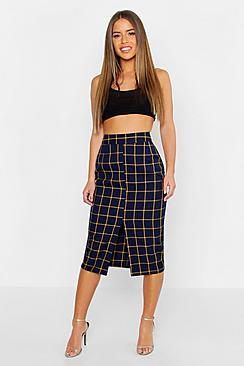 Boohoo Petite Woven Check High Waisted Midi Skirt
