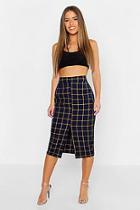 Boohoo Petite Woven Check High Waisted Midi Skirt