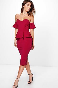 Boohoo Eva Off Shoulder Frill Detail Peplum Midi Dress