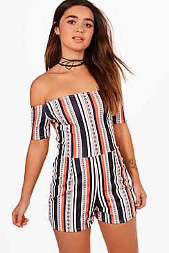 Boohoo Petite Ivy Stripe Off The Shoulder Crepe Playsuit