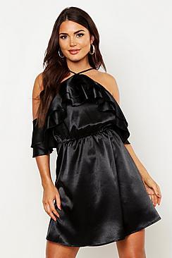 Boohoo Halterneck Ruffle Satin Skater Dress