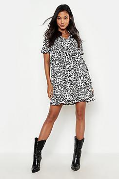 Boohoo Mono Leopard Print Short Sleeve Smock Dress