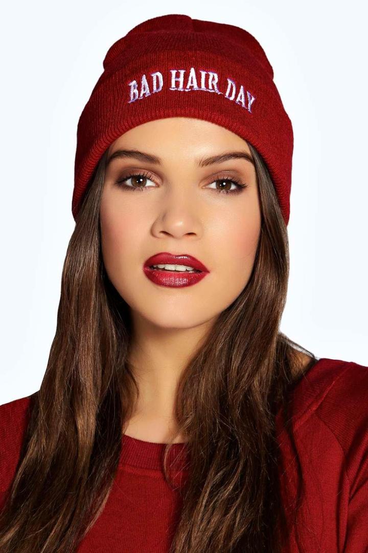 Boohoo Cara Bad Hair Day Slogan Beanie Wine