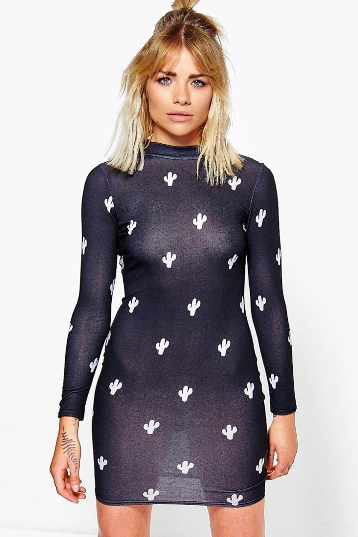 Boohoo Lizzie Cactus Printed High Neck Bodycon Dress Black