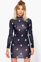 Boohoo Lizzie Cactus Printed High Neck Bodycon Dress Black