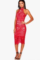 Boohoo Boutique Ayn Lace Open Back Midi Bodycon Dress Red