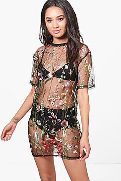 Boohoo Petite Eve Embroidered Oversized Mesh T-shirt Dress