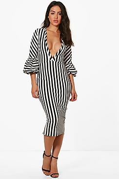 Boohoo Sarah Plunge Stripe Puff Sleeve Detail Midi Dress