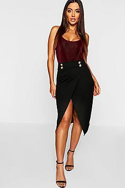 Boohoo Gold Button Asymmetric Split Midi Skirt