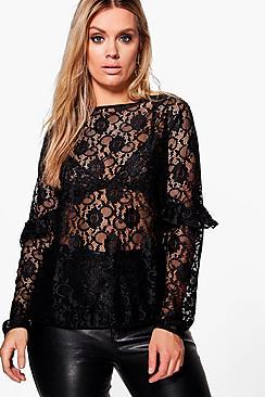 Boohoo Plus Luanne Lace Ruffle Sleeve Top
