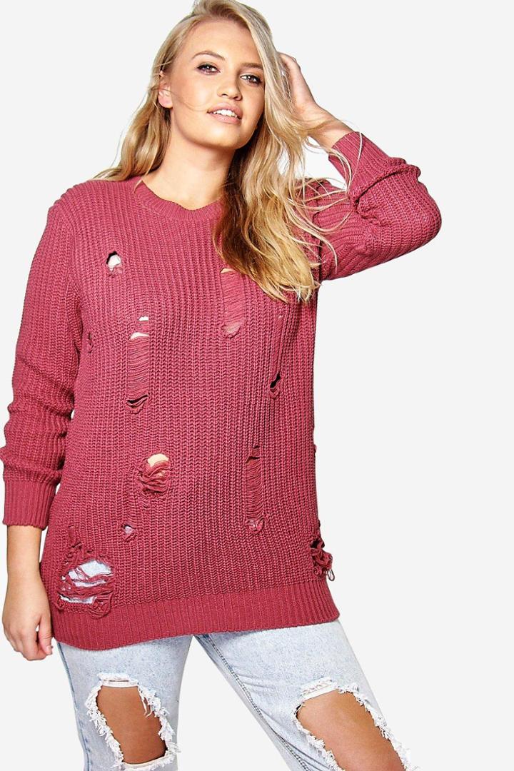 Boohoo Plus Rosa Distressed Knitted Jumper Rose