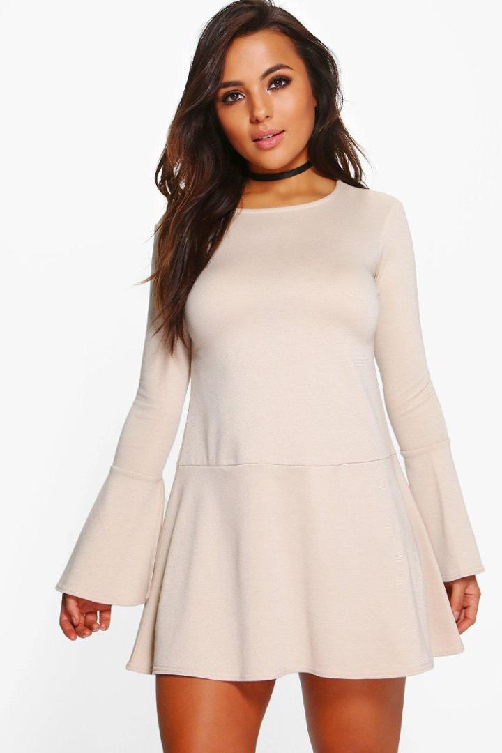Boohoo Petite Georgie Drop Hem Frill Sleeve Ponte Dress Sand