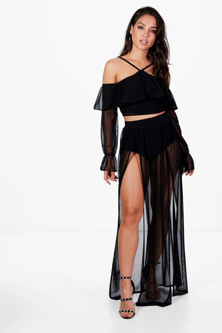 Boohoo Reeva Mesh Frill Crop & Maxi Skirt Co-ord Black