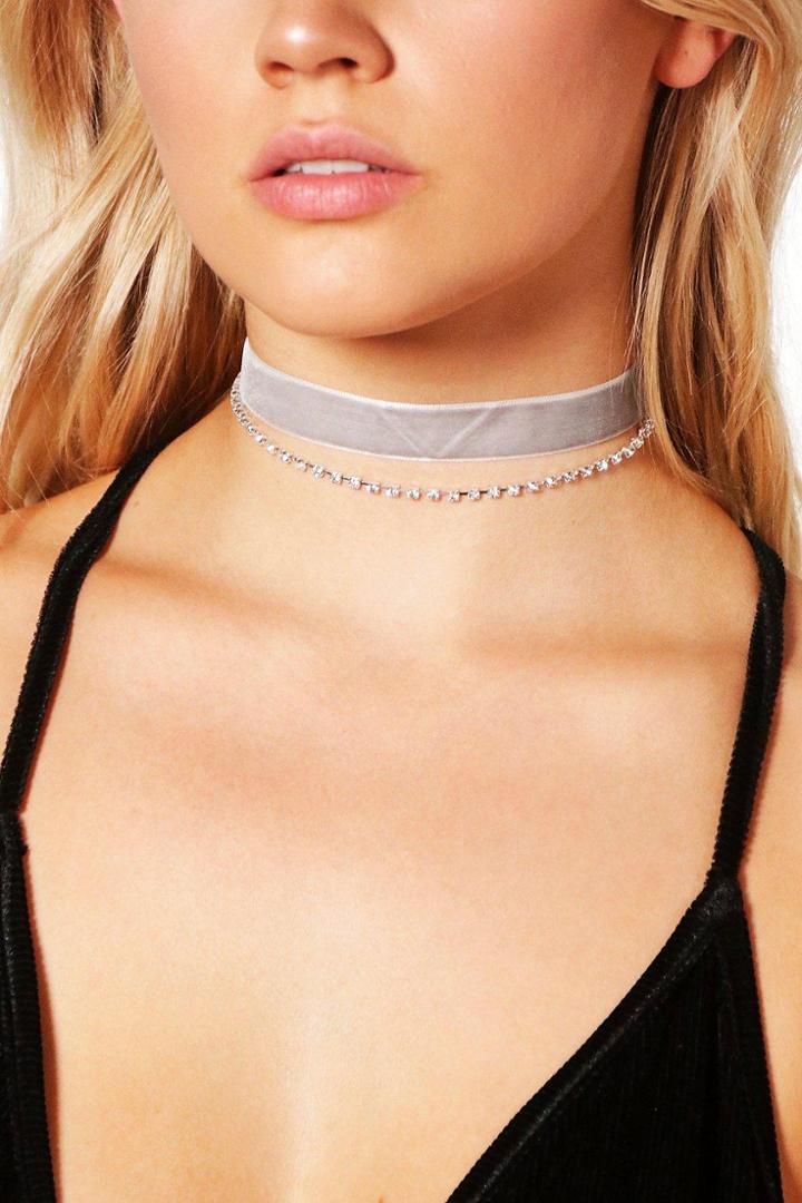Boohoo Freya Diamante And Velvet Choker Set Grey