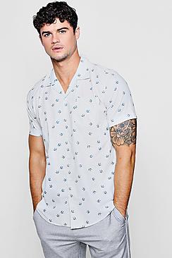 Boohoo Swallow Print Short Sleeve Revere Shirt
