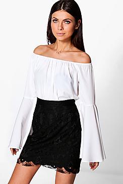 Boohoo Solid Woven Flare Sleeve Top