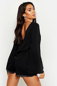 Boohoo Lace Up Back Flare Sleeve Blouse