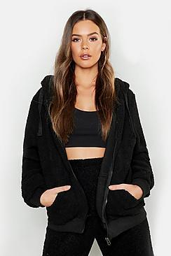 Boohoo Zip Through Oversized Borg Knitted Hoodie