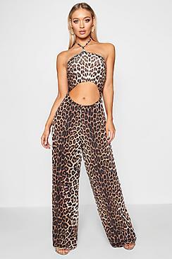 Boohoo Maya Leopard Print Halterneck Jumpsuit