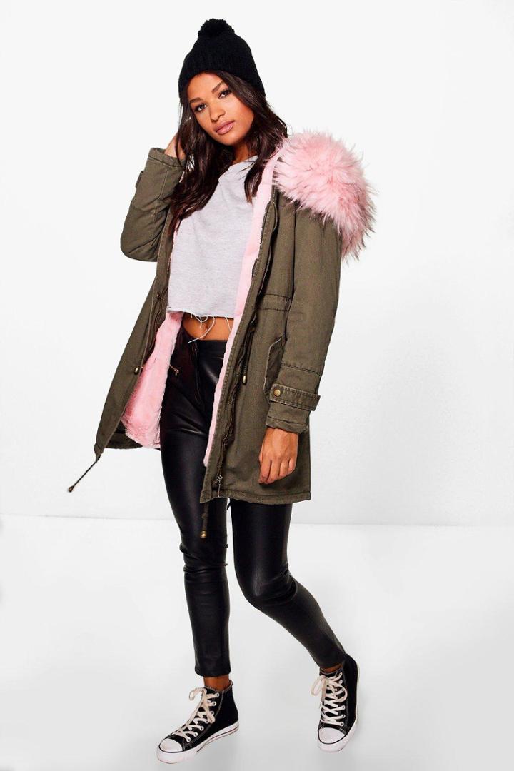 Boohoo Isabella Faux Fur Hood Parka Blush