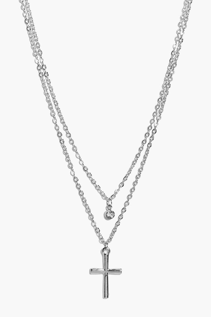 Boohoo Nancy Diamante And Cross Layered Necklace Silver