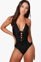 Boohoo Malaga Lace Up Bathing Suit Black