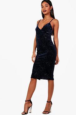 Boohoo Josie Glitter Print Velvet Strappy Midi Dress