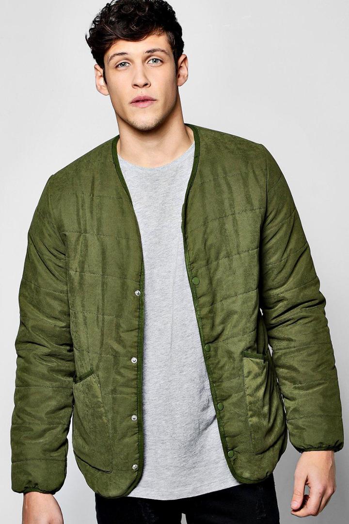 Boohoo Quilted Collarless Jacket Khaki