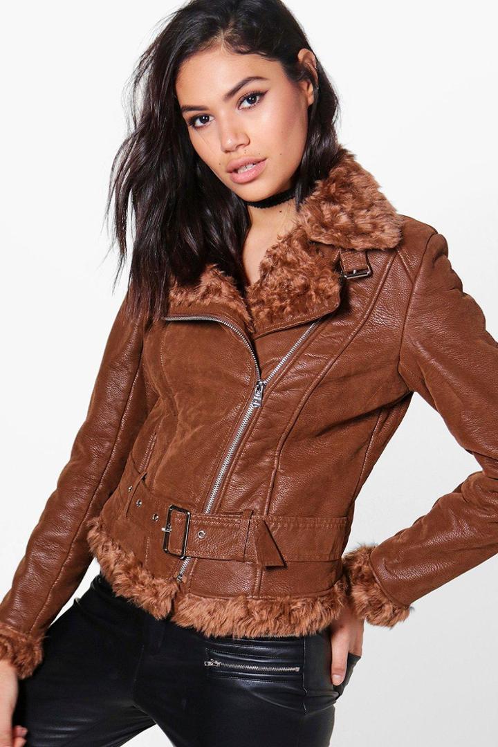 Boohoo Sophie Belted Aviator Jacket Tan