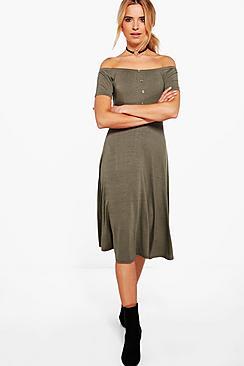 Boohoo Honey Off Shoulder Button Skater Dress