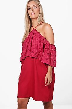 Boohoo Plus Josie Open Shoulder Lace Ruffle Swing Dress