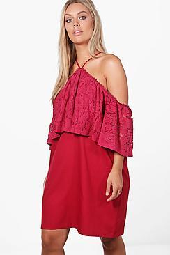 Boohoo Plus Josie Open Shoulder Lace Ruffle Swing Dress